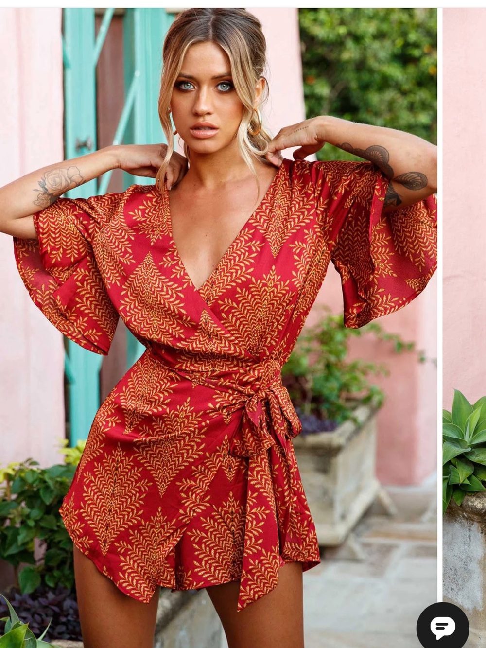 Selfie Leslie Burgundy and Mustard Floral Wrap romper